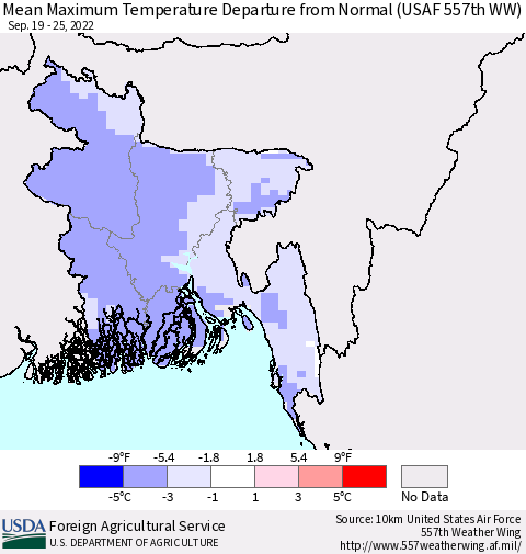 Bangladesh Mean Maximum Temperature Departure from Normal (USAF 557th WW) Thematic Map For 9/19/2022 - 9/25/2022