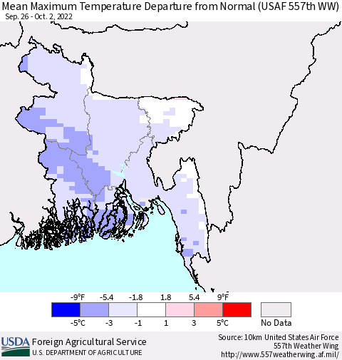 Bangladesh Mean Maximum Temperature Departure from Normal (USAF 557th WW) Thematic Map For 9/26/2022 - 10/2/2022