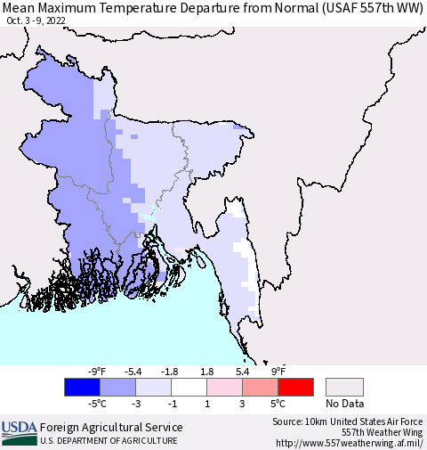 Bangladesh Mean Maximum Temperature Departure from Normal (USAF 557th WW) Thematic Map For 10/3/2022 - 10/9/2022