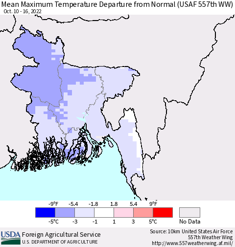 Bangladesh Mean Maximum Temperature Departure from Normal (USAF 557th WW) Thematic Map For 10/10/2022 - 10/16/2022