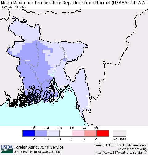 Bangladesh Mean Maximum Temperature Departure from Normal (USAF 557th WW) Thematic Map For 10/24/2022 - 10/30/2022