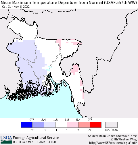 Bangladesh Mean Maximum Temperature Departure from Normal (USAF 557th WW) Thematic Map For 10/31/2022 - 11/6/2022