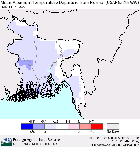 Bangladesh Mean Maximum Temperature Departure from Normal (USAF 557th WW) Thematic Map For 11/14/2022 - 11/20/2022