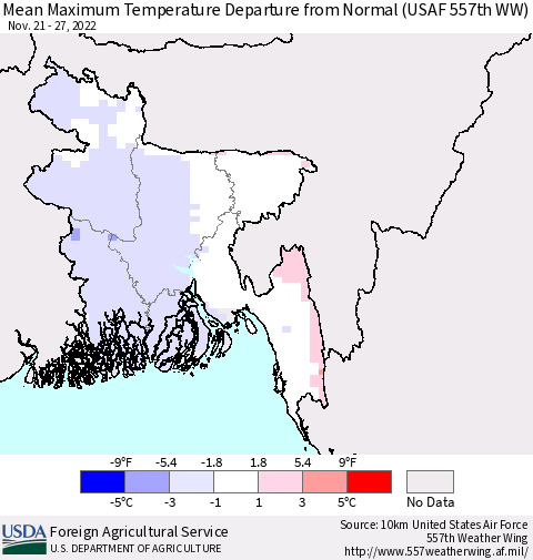 Bangladesh Mean Maximum Temperature Departure from Normal (USAF 557th WW) Thematic Map For 11/21/2022 - 11/27/2022