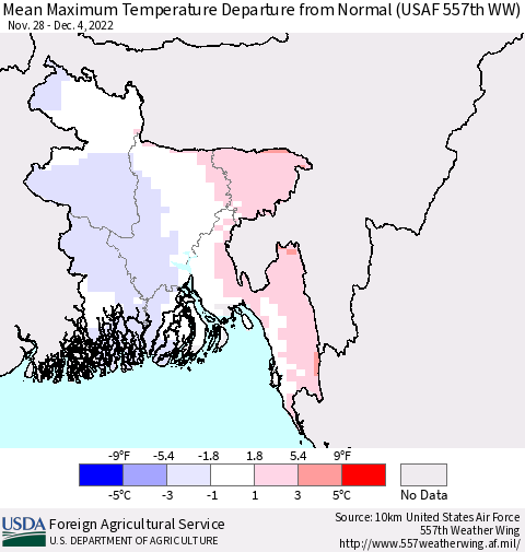 Bangladesh Mean Maximum Temperature Departure from Normal (USAF 557th WW) Thematic Map For 11/28/2022 - 12/4/2022