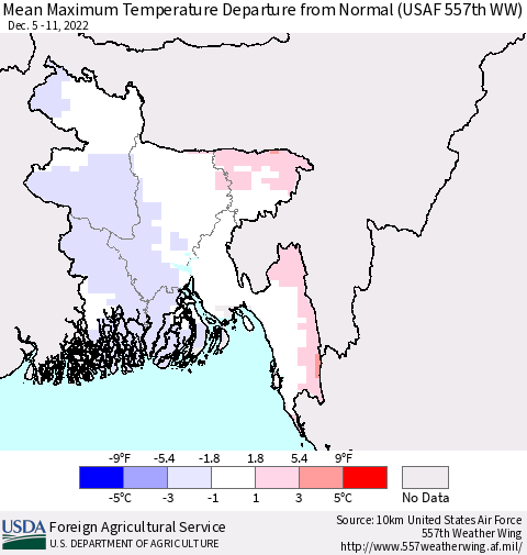 Bangladesh Mean Maximum Temperature Departure from Normal (USAF 557th WW) Thematic Map For 12/5/2022 - 12/11/2022
