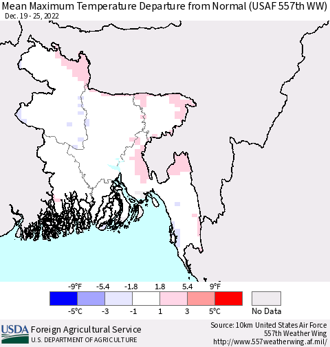 Bangladesh Mean Maximum Temperature Departure from Normal (USAF 557th WW) Thematic Map For 12/19/2022 - 12/25/2022