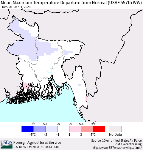Bangladesh Mean Maximum Temperature Departure from Normal (USAF 557th WW) Thematic Map For 12/26/2022 - 1/1/2023