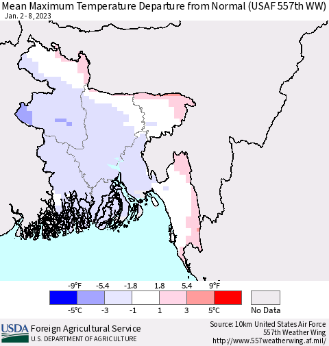 Bangladesh Mean Maximum Temperature Departure from Normal (USAF 557th WW) Thematic Map For 1/2/2023 - 1/8/2023