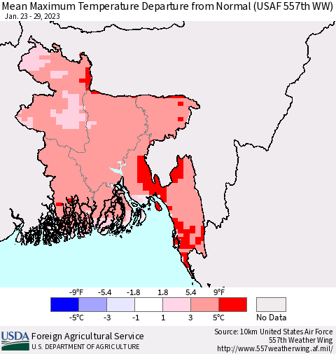 Bangladesh Mean Maximum Temperature Departure from Normal (USAF 557th WW) Thematic Map For 1/23/2023 - 1/29/2023