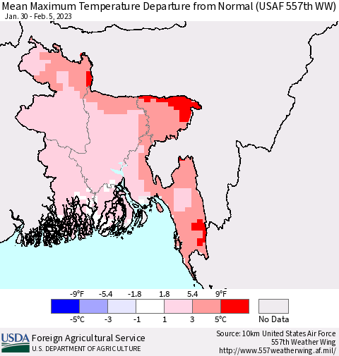 Bangladesh Mean Maximum Temperature Departure from Normal (USAF 557th WW) Thematic Map For 1/30/2023 - 2/5/2023