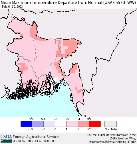 Bangladesh Mean Maximum Temperature Departure from Normal (USAF 557th WW) Thematic Map For 2/6/2023 - 2/12/2023