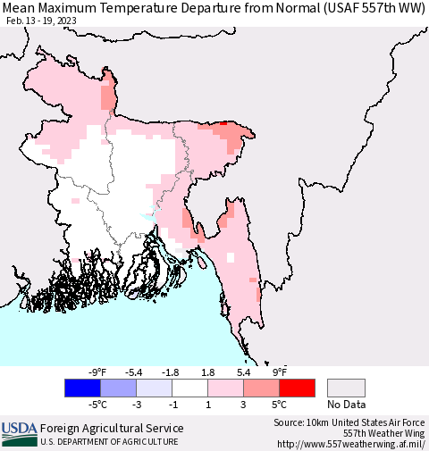 Bangladesh Mean Maximum Temperature Departure from Normal (USAF 557th WW) Thematic Map For 2/13/2023 - 2/19/2023