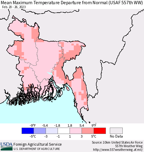 Bangladesh Mean Maximum Temperature Departure from Normal (USAF 557th WW) Thematic Map For 2/20/2023 - 2/26/2023