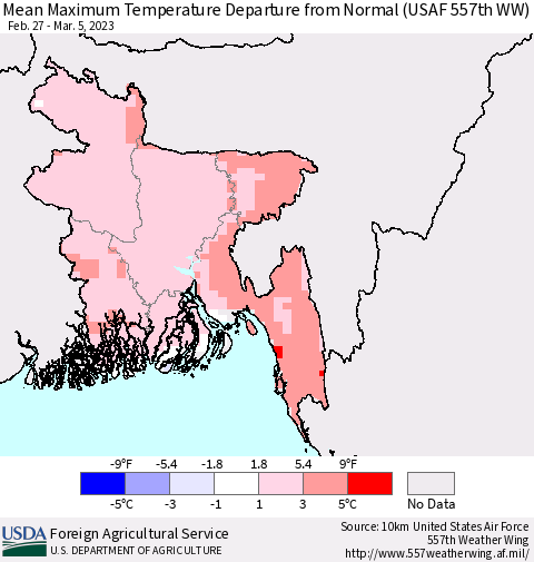 Bangladesh Mean Maximum Temperature Departure from Normal (USAF 557th WW) Thematic Map For 2/27/2023 - 3/5/2023