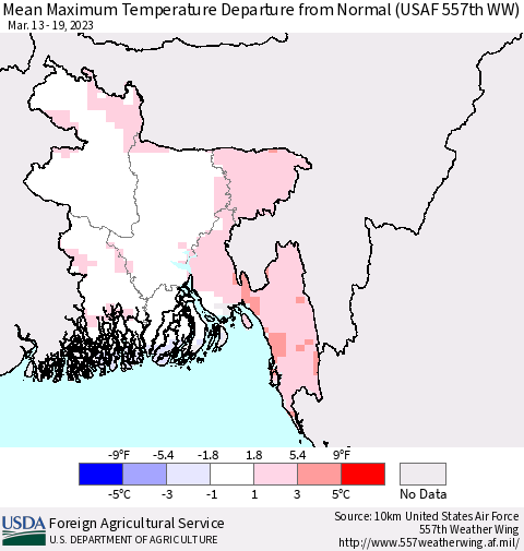 Bangladesh Mean Maximum Temperature Departure from Normal (USAF 557th WW) Thematic Map For 3/13/2023 - 3/19/2023