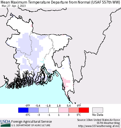 Bangladesh Mean Maximum Temperature Departure from Normal (USAF 557th WW) Thematic Map For 3/27/2023 - 4/2/2023