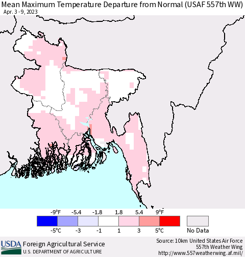 Bangladesh Mean Maximum Temperature Departure from Normal (USAF 557th WW) Thematic Map For 4/3/2023 - 4/9/2023