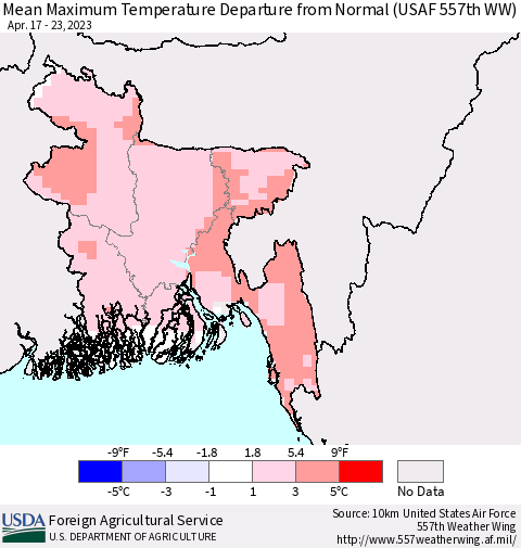 Bangladesh Mean Maximum Temperature Departure from Normal (USAF 557th WW) Thematic Map For 4/17/2023 - 4/23/2023