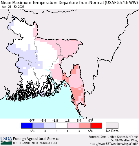 Bangladesh Mean Maximum Temperature Departure from Normal (USAF 557th WW) Thematic Map For 4/24/2023 - 4/30/2023