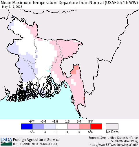 Bangladesh Mean Maximum Temperature Departure from Normal (USAF 557th WW) Thematic Map For 5/1/2023 - 5/7/2023