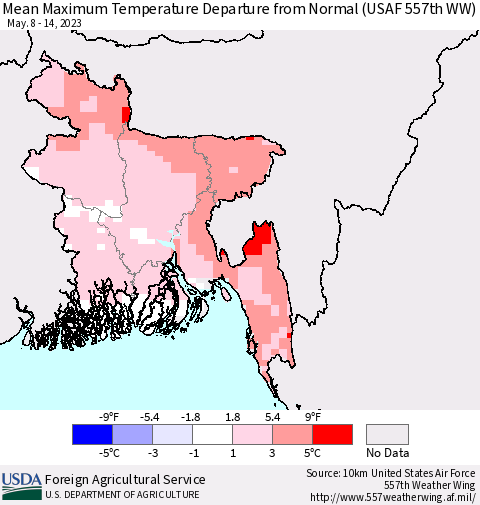 Bangladesh Mean Maximum Temperature Departure from Normal (USAF 557th WW) Thematic Map For 5/8/2023 - 5/14/2023