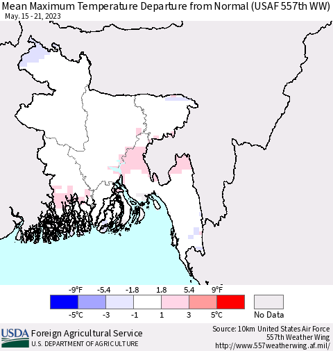 Bangladesh Mean Maximum Temperature Departure from Normal (USAF 557th WW) Thematic Map For 5/15/2023 - 5/21/2023