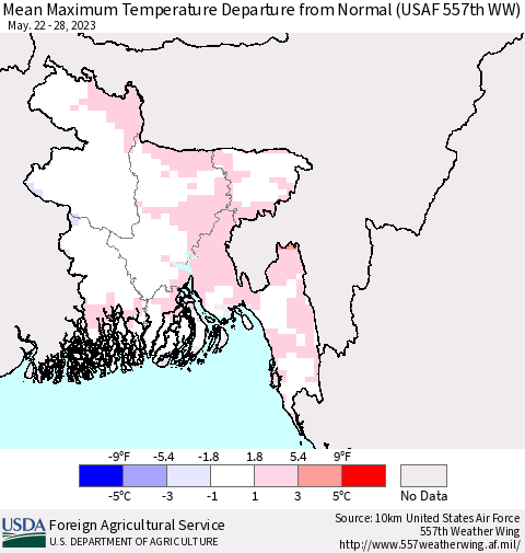 Bangladesh Mean Maximum Temperature Departure from Normal (USAF 557th WW) Thematic Map For 5/22/2023 - 5/28/2023