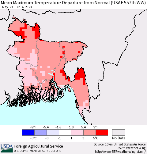 Bangladesh Mean Maximum Temperature Departure from Normal (USAF 557th WW) Thematic Map For 5/29/2023 - 6/4/2023
