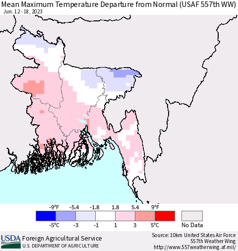 Bangladesh Mean Maximum Temperature Departure from Normal (USAF 557th WW) Thematic Map For 6/12/2023 - 6/18/2023