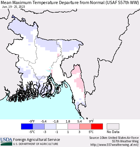 Bangladesh Mean Maximum Temperature Departure from Normal (USAF 557th WW) Thematic Map For 6/19/2023 - 6/25/2023