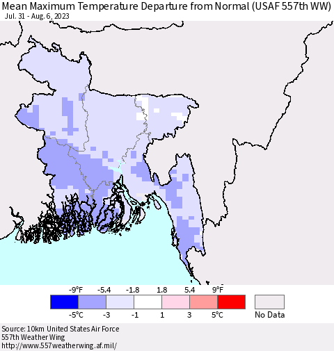 Bangladesh Mean Maximum Temperature Departure from Normal (USAF 557th WW) Thematic Map For 7/31/2023 - 8/6/2023
