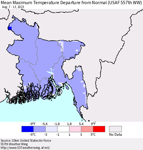 Bangladesh Mean Maximum Temperature Departure from Normal (USAF 557th WW) Thematic Map For 8/7/2023 - 8/13/2023