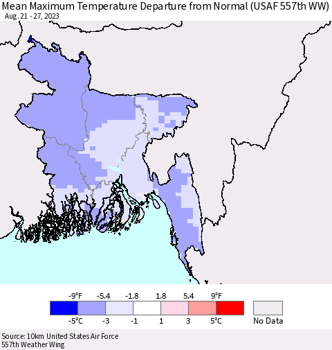 Bangladesh Mean Maximum Temperature Departure from Normal (USAF 557th WW) Thematic Map For 8/21/2023 - 8/27/2023