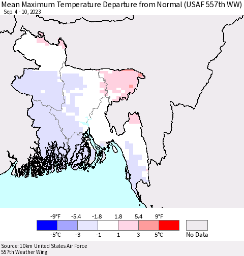 Bangladesh Mean Maximum Temperature Departure from Normal (USAF 557th WW) Thematic Map For 9/4/2023 - 9/10/2023