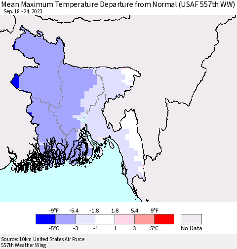 Bangladesh Mean Maximum Temperature Departure from Normal (USAF 557th WW) Thematic Map For 9/18/2023 - 9/24/2023