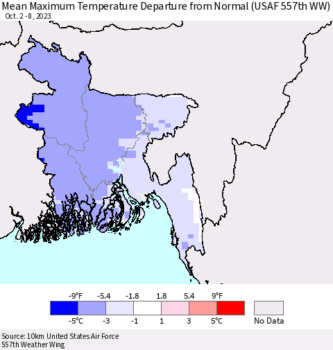 Bangladesh Mean Maximum Temperature Departure from Normal (USAF 557th WW) Thematic Map For 10/2/2023 - 10/8/2023