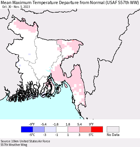 Bangladesh Mean Maximum Temperature Departure from Normal (USAF 557th WW) Thematic Map For 10/30/2023 - 11/5/2023