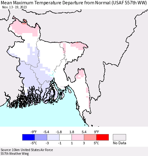 Bangladesh Mean Maximum Temperature Departure from Normal (USAF 557th WW) Thematic Map For 11/13/2023 - 11/19/2023