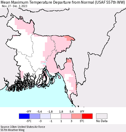 Bangladesh Mean Maximum Temperature Departure from Normal (USAF 557th WW) Thematic Map For 11/27/2023 - 12/3/2023