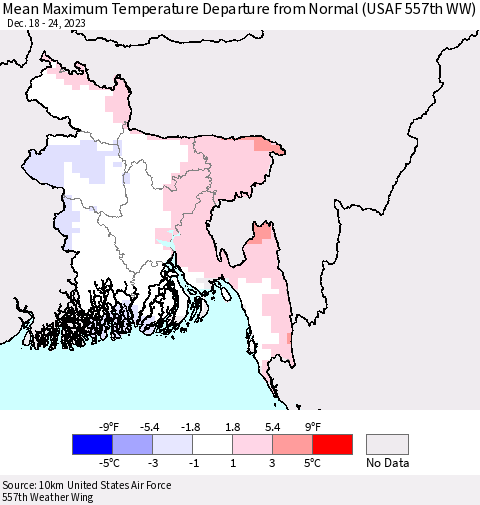 Bangladesh Mean Maximum Temperature Departure from Normal (USAF 557th WW) Thematic Map For 12/18/2023 - 12/24/2023