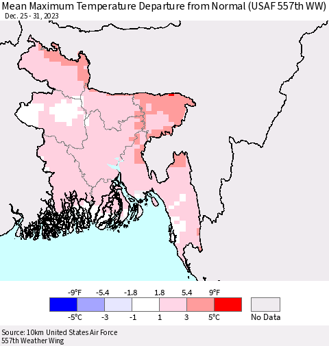 Bangladesh Mean Maximum Temperature Departure from Normal (USAF 557th WW) Thematic Map For 12/25/2023 - 12/31/2023