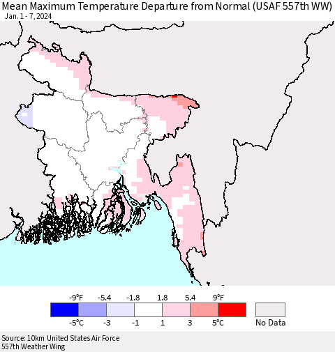 Bangladesh Mean Maximum Temperature Departure from Normal (USAF 557th WW) Thematic Map For 1/1/2024 - 1/7/2024