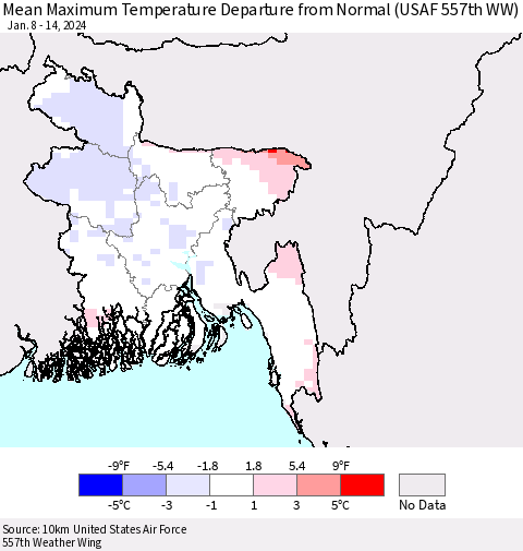 Bangladesh Mean Maximum Temperature Departure from Normal (USAF 557th WW) Thematic Map For 1/8/2024 - 1/14/2024