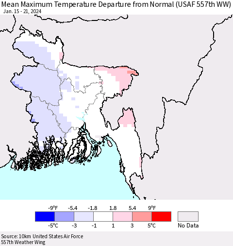 Bangladesh Mean Maximum Temperature Departure from Normal (USAF 557th WW) Thematic Map For 1/15/2024 - 1/21/2024