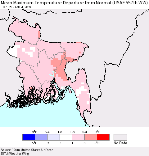Bangladesh Mean Maximum Temperature Departure from Normal (USAF 557th WW) Thematic Map For 1/29/2024 - 2/4/2024