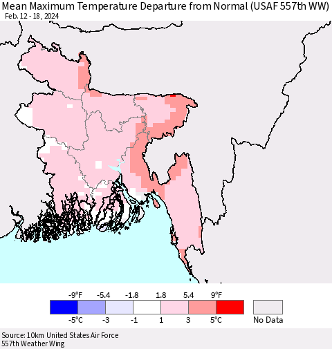 Bangladesh Mean Maximum Temperature Departure from Normal (USAF 557th WW) Thematic Map For 2/12/2024 - 2/18/2024