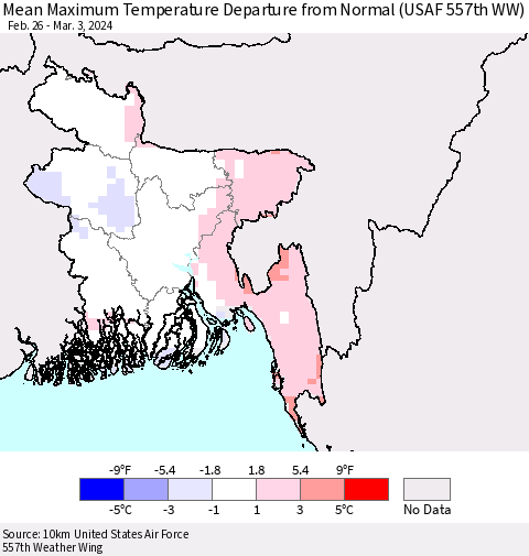 Bangladesh Mean Maximum Temperature Departure from Normal (USAF 557th WW) Thematic Map For 2/26/2024 - 3/3/2024