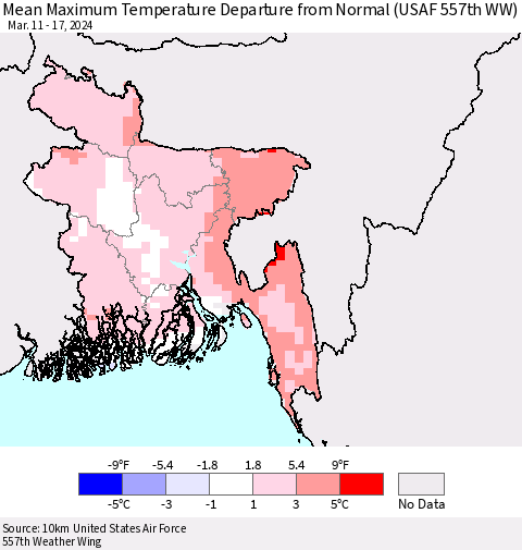 Bangladesh Mean Maximum Temperature Departure from Normal (USAF 557th WW) Thematic Map For 3/11/2024 - 3/17/2024