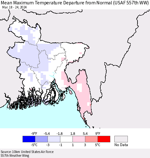 Bangladesh Mean Maximum Temperature Departure from Normal (USAF 557th WW) Thematic Map For 3/18/2024 - 3/24/2024